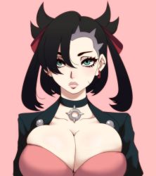 Rule 34 | 1girl, aged up, black hair, breasts, choker, cleavage, collarbone, creatures (company), earrings, game freak, green eyes, highres, jacket, jay-marvel, jewelry, large breasts, lips, looking at viewer, marnie (pokemon), nintendo, pink background, pokemon, pokemon swsh, solo, upper body