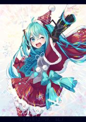 Rule 34 | 1girl, aqua eyes, aqua hair, arm up, black sleeves, blue scarf, box, capelet, christmas, commentary, cowboy shot, detached sleeves, fur-trimmed capelet, fur-trimmed headwear, fur-trimmed legwear, fur trim, gift, gift box, glitch, grey shirt, hair ornament, hat, hatsune miku, headphones, headset, highres, holding, holding box, kurobikari, lace, lace-trimmed skirt, lace trim, long hair, looking at viewer, miniskirt, one eye closed, open mouth, pleated skirt, rainbow, red capelet, red hat, red skirt, red thighhighs, refraction, ribbon, santa hat, scarf, shirt, skirt, sleeveless, sleeveless shirt, smile, snowflake print, snowflakes, solo, thighhighs, twintails, very long hair, vocaloid, waving, winter