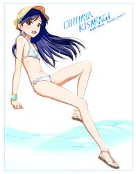 Rule 34 | 1girl, :d, artist name, bare arms, bare legs, bare shoulders, barefoot, bikini, blue border, blue hair, border, bracelet, brown eyes, character name, collarbone, dated, earrings, flat chest, full body, h p, hat, idolmaster, idolmaster (classic), invisible chair, jewelry, kisaragi chihaya, knee up, long hair, looking at viewer, looking to the side, navel, o-ring, o-ring bikini, o-ring bottom, open mouth, revision, sandals, simple background, sitting, smile, solo, sparkle, starfish earrings, stomach, striped bikini, striped clothes, sun hat, swimsuit, toes, water, white background, white footwear, yellow hat
