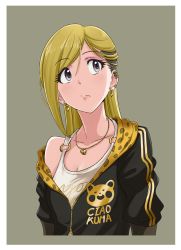 Rule 34 | 1girl, animal print, black hair, blonde hair, clothes writing, earrings, fujimoto rina, grey background, grey eyes, gyaru, heart, heart earrings, hige (com), idolmaster, idolmaster cinderella girls, jewelry, leopard print, long hair, looking to the side, multicolored hair, necklace, o-ring, o-ring top, off shoulder, single bare shoulder, solo, swept bangs, tank top, two-tone hair, upper body