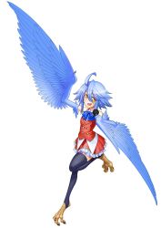 Rule 34 | 1girl, :d, ahoge, black thighhighs, blue feathers, blue hair, blue neckwear, breasts, buttons, feathered wings, feathers, floating, frilled skirt, frills, full body, hair between eyes, harpy, monster girl, monster musume no iru nichijou, music, official art, okayado, open mouth, orange eyes, papi (monster musume), short hair, simple background, singing, skirt, small breasts, smile, solo, standing, thighhighs, white background, winged arms, wings