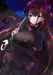 Rule 34 | 1girl, absurdres, arm under breasts, black dress, blue umbrella, breast hold, breasts, brown hair, cleavage, commentary request, cone hair bun, dress, dutch angle, fate/grand order, fate (series), frilled umbrella, frills, hair between eyes, hair bun, hair ornament, highres, holding, holding umbrella, juliet sleeves, large breasts, long hair, long sleeves, looking at viewer, murasaki shikibu (fate), parted lips, puffy sleeves, purple eyes, see-through, shibakame, sleeves past wrists, solo, striped clothes, striped dress, two side up, umbrella, vertical-striped clothes, vertical-striped dress, very long hair