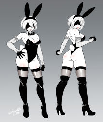 Rule 34 | 1girl, animal ears, armlet, ass, black gloves, blindfold, boots, bow, bowtie, commentary, contrapposto, covered eyes, detached collar, detached sleeves, fake animal ears, fishnet thighhighs, fishnets, full body, gloves, hairband, hand on own hip, high heel boots, high heels, highleg, highleg leotard, legs, leotard, lips, mole, mole under mouth, multiple views, nier (series), nier:automata, playboy bunny, rabbit ears, rabbit tail, samanator club, standing, strapless, strapless leotard, tail, thigh boots, thighhighs, thighhighs under boots, thong leotard, 2b (nier:automata)