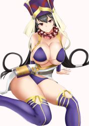 Rule 34 | 1girl, bare shoulders, bikini, black hair, breasts, cleavage, coat, earrings, fate/grand order, fate (series), hat, highres, jewelry, large breasts, long hair, looking at viewer, necklace, pink eyes, red eyes, sitting, smile, solo, swimsuit, thighhighs, underboob, xuangzang sanzang (fate)
