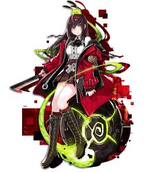 Rule 34 | 1girl, book, boots, breasts, brown hair, death end re;quest 2, jacket, medium breasts, official art, red jacket, skirt, snail, toyama mai, transparent background