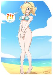 Rule 34 | !?, 1girl, artist name, bare shoulders, barefoot, beach, bikini, bikini top only, blonde hair, blue bikini, blue eyes, blue sky, blush, border, bottomless, breasts, cloud, covering privates, covering crotch, crown, day, earrings, embarrassed, feet, female focus, flying sweatdrops, full body, hair over one eye, hair tie, highres, jewelry, jpeg artifacts, knees together feet apart, mario (series), medium breasts, mini crown, navel, nintendo, nose blush, ocean, open mouth, outdoors, outline, own hands together, pigeon-toed, ponytail, rosalina, sarukaiwolf, shiny skin, signature, sky, solo, sparkle, speech bubble, standing, super mario bros. 1, super mario galaxy, sweatdrop, swimsuit, teeth, v arms, water, wavy mouth, white border