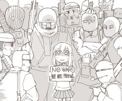 Rule 34 | 1girl, 6+boys, anger vein, bad end, cigarette, crowd, english text, engrish text, glasses, gun, heart, imminent rape, manly, monochrome, multiple boys, muscular, nns (sobchan), original, parody, parted lips, pee, peeing, peeing self, pleated skirt, ranguage, scared, school uniform, serafuku, shaded face, ski mask, skirt, smoking pipe, soldier, tattoo, tears, thighhighs, weapon, you gonna get raped
