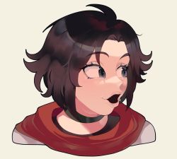 Rule 34 | 1girl, black choker, black eyes, brown hair, choker, commission, grey background, highres, meme, nyantcha, open mouth, pogchamp (meme), portrait, red scarf, ruby rose, rwby, scarf, short hair, simple background, smile, solo