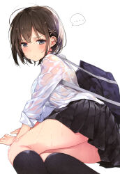 Rule 34 | ..., 1girl, absurdres, amagai tarou, bag, black skirt, black socks, blue eyes, blush, bra, bra visible through clothes, breasts, brown hair, closed mouth, hair ornament, hairclip, highres, kneehighs, large breasts, long sleeves, looking at viewer, medium breasts, non-web source, original, pleated skirt, school bag, school uniform, see-through, shirt, short hair, simple background, skirt, socks, solo, spoken ellipsis, thighs, underwear, wet, wet clothes, wet shirt, white background, white shirt, x hair ornament