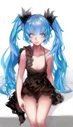 Rule 34 | 1girl, absurdres, asymmetrical sleeves, black bow, black dress, blue eyes, blue hair, bow, closed mouth, commentary, dress, hair bow, hatsune miku, highres, huge filesize, legs together, long hair, looking at viewer, rsef, shinkai shoujo (vocaloid), short dress, simple background, sitting, solo, thigh gap, twintails, very long hair, vocaloid, white background
