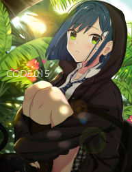 Rule 34 | 10s, 1girl, bag, bandaid, bandaid on face, black hoodie, black socks, blue hair, blush, collared shirt, darling in the franxx, day, green eyes, hair ornament, hairclip, highres, hood, hood up, hoodie, hugging own legs, ichigo (darling in the franxx), kneehighs, lens flare, long sleeves, looking at viewer, necktie, outdoors, parted lips, school bag, school uniform, shirt, short hair, sitting, sleeves past wrists, socks, solo, wenquangua, white shirt