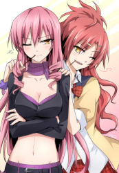 Rule 34 | 10s, 2girls, akuma no riddle, bad id, bad pixiv id, belt, breasts, brown eyes, cleavage, crop top, food, groin, hair ornament, hairclip, hand on another&#039;s shoulder, highres, inukai isuke, kago-tan, large breasts, midriff, mouth hold, multiple girls, navel, one eye closed, pocky, red hair, sagae haruki, wink, yuri