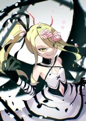 Rule 34 | 1girl, arm up, black ribbon, blonde hair, boukensha c, cleavage cutout, clothing cutout, cowboy shot, deathpolca, demons roots, detached collar, dress, elbow gloves, flower, from above, gloves, grey background, grin, hair flower, hair ornament, hair ribbon, highres, long hair, looking at viewer, navel, navel cutout, pink flower, pink petals, plant, ribbon, side ponytail, sidelocks, sleeveless, sleeveless dress, smile, solo, vines, white dress, yellow eyes