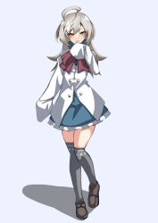 Rule 34 | 1girl, ahoge, animal print, arm at side, assault lily, blue skirt, blush, bow, bowtie, brown footwear, commentary, frilled skirt, frills, full body, grey background, grey hair, grey thighhighs, hand to own mouth, hand up, heel up, herensuge girls academy school uniform, highres, ishitsuma canon, jacket, loafers, long hair, long sleeves, looking at viewer, miniskirt, multicolored hair, oversized clothes, parted lips, partially unbuttoned, print thighhighs, rabbit print, red bow, red bowtie, sasaki ran, school uniform, shoes, simple background, skirt, sleeves past fingers, sleeves past wrists, solo, standing, streaked hair, thighhighs, white jacket, yellow eyes
