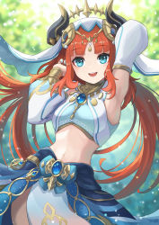 Rule 34 | 1girl, arms up, blue eyes, forehead jewel, genshin impact, harem outfit, highres, long sleeves, looking at viewer, midriff, navel, nilou (genshin impact), open mouth, red hair, smile, solo, twintails, vambraces, yuiko (yuiyuiko 108)