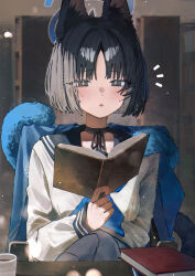 1girl absurdres animal_ear_fluff animal_ears betabeet black_choker black_eyes black_hair black_ribbon black_sailor_collar black_skirt blue_archive blue_halo blue_haori blue_jacket blue_neckerchief blush book book_stack bright_pupils cat_ears cat_girl cat_tail choker cup hair_intakes halo haori highres holding holding_book jacket japanese_clothes kikyou_(blue_archive) long_sleeves looking_at_viewer multiple_tails neckerchief notice_lines open_book open_mouth ribbon ribbon_choker sailor_collar short_hair sitting skirt solo tail two_tails unworn_haori white_pupils