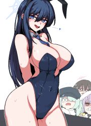 Rule 34 | 4girls, arius squad (blue archive), atsuko (blue archive), black hair, black headwear, black leotard, blue archive, blue eyes, blue necktie, blush, breasts, cabbie hat, cleavage, covered navel, cowboy shot, detached collar, formicid, green hair, groin, hair between eyes, hat, hiyori (blue archive), large breasts, leotard, long hair, misaki (blue archive), multiple girls, necktie, open mouth, purple hair, red eyes, saori (blue archive), side ponytail, simple background, strapless, strapless leotard, white background