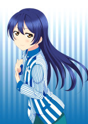 Rule 34 | 1girl, alternate costume, artist request, blue hair, closed mouth, commentary request, cowboy shot, daiz1213, employee uniform, from side, gradient background, hair between eyes, hands on own chest, highres, lawson, long hair, looking at viewer, love live!, love live! school idol project, name tag, shirt, smile, solo, sonoda umi, striped background, striped clothes, striped shirt, uniform, vertical-striped clothes, vertical-striped shirt, yellow eyes