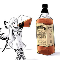 Rule 34 | 1girl, aerie (bravely default), alcohol, blunt bangs, blush, bottle, bravely default: flying fairy, bravely default (series), butterfly wings, colored skin, cup, dress, drinking, drinking glass, drunk, english text, fairy, female focus, highres, insect wings, long hair, mini person, minigirl, pointy ears, shot glass, sidelocks, simple background, solo, spot color, toluda, whiskey, white hair, white skin, wings