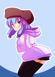 Rule 34 | 1girl, alternate costume, bespectacled, black thighhighs, contemporary, female focus, glasses, hat, hood, hoodie, long hair, mizushima kai, parka, patchouli knowledge, purple eyes, purple hair, skirt, solo, thighhighs, touhou
