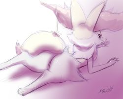 Rule 34 | 1girl, absurdres, animal ear fluff, animal ears, animal hands, animal nose, artist name, black fur, body fur, braixen, creatures (company), dated, eryz, female focus, fox ears, fox girl, fox tail, from behind, full body, game freak, gen 6 pokemon, happy, highres, jpeg artifacts, looking at viewer, looking back, lying, muted color, nintendo, on stomach, open mouth, pokemon, pokemon (creature), red eyes, signature, simple background, sketch, smile, snout, solo, stick, tail, white background, white fur, yellow fur
