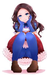 Rule 34 | 1girl, arano oki, arm support, blue bow, blue eyes, blue gloves, blue pantyhose, blush, bow, brown footwear, brown hair, closed mouth, commentary request, elbow gloves, fate/grand order, fate (series), forehead, frilled skirt, frills, gloves, head tilt, highres, leonardo da vinci (fate), leonardo da vinci (fate/grand order), leonardo da vinci (rider) (fate), loafers, long hair, pantyhose, parted bangs, pigeon-toed, puff and slash sleeves, puffy short sleeves, puffy sleeves, red skirt, shoes, short sleeves, skirt, smile, solo, squatting