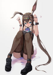 Rule 34 | 1girl, absurdres, adapted costume, alternate costume, amiya (arknights), animal ears, arknights, ascot, black footwear, black leotard, blue ascot, blue eyes, blush, breasts, brown hair, brown thighhighs, cleavage, commentary, detached collar, eyelashes, fake animal ears, full body, grey background, hair between eyes, heart, highres, jewelry, knees to chest, leotard, long hair, looking at viewer, mannouyakunta, mole, mole on thigh, multiple rings, open mouth, playboy bunny, ponytail, rabbit ears, rabbit girl, rabbit pose, ring, shoes, sidelocks, simple background, sitting, small breasts, smile, solo, thighhighs, thighs, wing collar, wrist cuffs