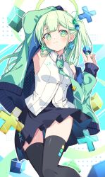 Rule 34 | + +, 1girl, :3, aqua necktie, arm up, armpits, black skirt, black thighhighs, blue background, blunt bangs, blush, breasts, closed mouth, collared shirt, commentary, cross, cross earrings, cube, cube hair ornament, earrings, green eyes, green hair, green halo, green jacket, hair between eyes, hair ornament, halo, hand up, highres, holding cube, jacket, jewelry, long hair, medium breasts, miniskirt, multicolored background, necktie, one side up, original, pleated skirt, polka dot, polka dot background, polka dot jacket, shirt, skirt, sleeveless, sleeveless shirt, smile, symbol-only commentary, symbol-shaped pupils, thighhighs, two-sided fabric, two-sided jacket, white background, white shirt, x, zettai ryouiki, zoirun