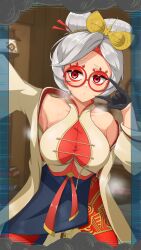 Rule 34 | 1girl, \m/, absurdres, bito maza18, black gloves, breasts, commentary request, eyeshadow, eyewear on head, gloves, grey hair, hair ornament, hair stick, half gloves, hands up, highres, indoors, lab coat, large breasts, leaning forward, looking to the side, makeup, nintendo, off shoulder, pantyhose, puckered lips, purah, red-framed eyewear, red eyes, red eyeshadow, red pantyhose, round eyewear, selfie, shirt, short hair, sleeveless, sleeveless shirt, solo, the legend of zelda, the legend of zelda: tears of the kingdom, updo, white shirt