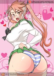 Rule 34 | 1girl, artist name, ass, blush, breasts, butt crack, fang, from behind, glasses, hair ribbon, heart, highres, highschool of the dead, huge ass, large breasts, long sleeves, looking at viewer, miniskirt, open mouth, panties, patreon username, pink background, pink hair, pleated skirt, ribbon, school uniform, skirt, solo, striped clothes, striped panties, takagi saya, tongue, twintails, underwear, yellow eyes