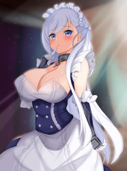 Rule 34 | 1girl, apron, areola slip, azur lane, belfast (azur lane), blue dress, blue eyes, blush, braid, breasts, broken, broken chain, chain, cleavage, clothing cutout, collar, commentary, commission, cowboy shot, dress, finger to mouth, french braid, gloves, highres, index finger raised, large breasts, light rays, long hair, looking at viewer, maid, maid apron, maid headdress, open mouth, paid reward available, shoulder cutout, silver hair, skeb commission, solo, straight hair, sunlight, white gloves, zenokidon