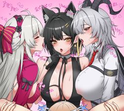 4girls ahoge animal_ears bare_shoulders black_dress black_gloves black_hair blush breasts carlotta_(wuthering_waves) cleavage covered_erect_nipples demon_horns dress earrings female_rover_(wuthering_waves) gloves grey_hair heart highres horns huge_breasts jewelry large_breasts licking multiple_girls rover_(wuthering_waves) tail tongue tongue_out william23784331 wuthering_waves yellow_eyes zani_(wuthering_waves)