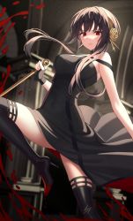 Rule 34 | 1girl, absurdres, bare arms, black dress, black hair, black thighhighs, blood, blood splatter, boots, covered navel, dagger, dress, eyebrows hidden by hair, fingerless gloves, foot out of frame, gloves, gold headband, high heels, highres, holding, holding weapon, knife, leg up, light blush, long hair, looking at viewer, mutenka (plfgb), red eyes, sidelocks, solo, spy x family, stiletto (weapon), stiletto heels, thigh boots, thighhighs, thighs, weapon, yor briar