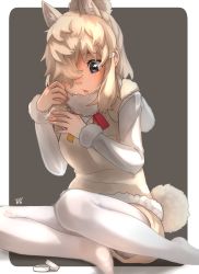 Rule 34 | 1girl, alpaca ears, alpaca suri (kemono friends), alpaca tail, animal ear fluff, animal ears, black background, black eyes, blonde hair, commentary request, extra ears, fur-trimmed sleeves, fur-trimmed vest, fur collar, fur trim, hair ornament, hair over one eye, hairclip, highres, kemono friends, pantyhose under shorts, long sleeves, medium hair, no shoes, open mouth, pantyhose, shirt, shorts, simple background, sitting, solo, tail, thin (suzuneya), vest, white pantyhose, white shirt