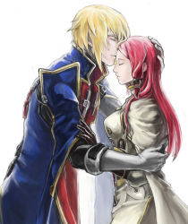 Rule 34 | 1boy, 1girl, arc system works, bad id, bad pixiv id, blazblue, blazblue: calamity trigger, blazblue: continuum shift, blonde hair, closed eyes, coat, couple, gloves, hand on another&#039;s head, hetero, kisaragi jin, kiss, kissing forehead, long hair, red hair, smile, soojie roh, tears, tsubaki yayoi