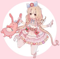Rule 34 | 1girl, bare shoulders, blonde hair, blue ribbon, blush, bow, braid, brown eyes, candy, detached collar, dress, fake wings, flower, food, frilled dress, frills, fruit, full body, futaba anzu, gloves, greatpengh, hair bow, hair flower, hair ornament, hair ribbon, highres, holding, holding stuffed toy, idolmaster, idolmaster cinderella girls, idolmaster cinderella girls starlight stage, layered dress, leg ribbon, long hair, looking at viewer, low twintails, neck ribbon, open mouth, pink background, polka dot, polka dot ribbon, red flower, red ribbon, red rose, ribbon, rose, sandals, scrunchie, smile, solo, strawberry, stuffed animal, stuffed rabbit, stuffed toy, twin braids, twintails, two-tone background, very long hair, white background, white dress, white gloves, white ribbon, wings