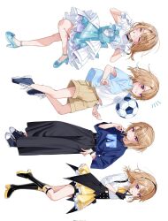 Rule 34 | 1girl, ascot, ball, belt buckle, black footwear, black gloves, black hairband, black pants, blue bow, blue bowtie, blue brooch, blue dress, blue footwear, blue shirt, blush, boots, bow, bowtie, bracelet, brooch, brown hair, brown shorts, buckle, chigusa minori, clenched teeth, closed eyes, collared shirt, commentary request, corrupted twitter file, dress, dress shirt, frilled dress, frills, full body, gloves, hair between eyes, hairband, half updo, hand on own hip, heart, heart brooch, high heels, highres, idol, idol clothes, idolmaster, idolmaster cinderella girls, idolmaster cinderella girls u149, jewelry, knee boots, looking at viewer, medium hair, midriff peek, multiple views, necklace, open clothes, open shirt, overshirt, pants, pointing, pointing at self, purple eyes, shirt, short sleeves, shorts, shorts under skirt, sideways, simple background, skindentation, skirt, smile, soccer ball, sparkle, teeth, tiara, white background, white gloves, white shirt, yellow ascot, yellow skirt, yuuki haru