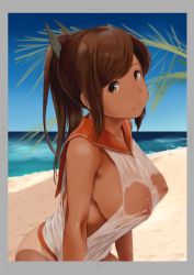 Rule 34 | 10s, 1girl, alternate breast size, bad id, bad twitter id, beach, border, breasts, brown eyes, brown hair, covered erect nipples, day, from side, grey border, highres, i-401 (kancolle), inactive account, kantai collection, large breasts, long hair, looking at viewer, nipples, outdoors, palm tree, plant, ponytail, sand, see-through, shore, sketch, solo, tan, tanline, tree, upper body, wa (genryusui), water, wet