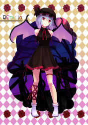 Rule 34 | 1girl, absurdres, alternate costume, argyle, argyle background, argyle clothes, armband, arms behind back, bare shoulders, bat wings, black dress, blush, character name, dress, fang, flower, gradient background, harlequin (pattern), hat, hat ribbon, head tilt, highres, leg ribbon, light purple hair, looking at viewer, mob cap, moon, red eyes, red flower, red moon, red ribbon, red rose, remilia scarlet, ribbon, rose, sleeveless, smile, solo, sonikey0 0, thigh strap, touhou, wings