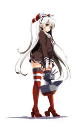 Rule 34 | 10s, 1girl, amatsukaze (kancolle), blush, brown eyes, dress, full body, garter straps, gloves, hair tubes, high heels, kantai collection, lefthand, long hair, looking at viewer, rensouhou-kun, sailor dress, short dress, silver hair, simple background, single glove, smile, solo, striped clothes, striped thighhighs, thighhighs, twintails, two side up, very long hair, white background, zettai ryouiki