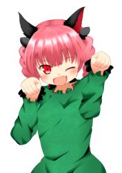 Rule 34 | 1girl, animal ears, bad id, bad pixiv id, blush, braid, cat ears, cat girl, dress, fang, female focus, highres, kaenbyou rin, one eye closed, paw pose, red eyes, red hair, simple background, solo, touhou, twin braids, white background, wink, yu1