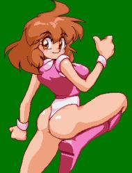 Rule 34 | 1990s (style), 1girl, animated, ass, blush, boots, breasts, brown eyes, brown hair, green background, hissatsu pachinko collection, jacket, jiggle, large breasts, leotard, long hair, looking back, pink footwear, pink jacket, pixel art, remi (hissatsu pachinko collection), retro artstyle, saiwai hiroshi, short sleeves, sleeveless, sleeveless jacket, smile, spanked, spanking, thong leotard, uncensored, video, white leotard