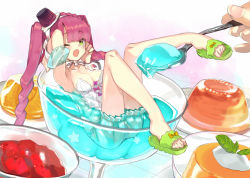 Rule 34 | 1girl, bare shoulders, bloomers, blush, breasts, cleavage, dessert, feet, food, gelatin, gradient background, green eyes, in food, legs, long hair, mini person, minigirl, miyoshino, open mouth, original, out of frame, purple hair, sandals, spoon, toes, twintails, underwear