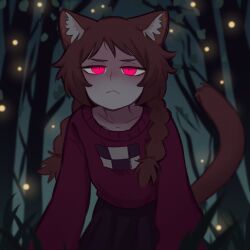 Rule 34 | 1girl, animal ears, braid, brown hair, cat ears, cat girl, forest, glowing, glowing eyes, highres, leaning forward, looking at viewer, madotsuki, nature, night, night sky, red eyes, red skirt, red sweater, skirt, sky, solo, sweater, tateoftot, twin braids, yume nikki