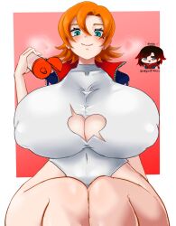 Rule 34 | 2girls, artist name, blush, breasts, chibi, cleavage cutout, clothing cutout, covered collarbone, covered navel, curvy, gigantic breasts, green eyes, grey eyes, heart cutout, heavy breathing, highres, huge breasts, jacket, lotion, lotion bottle, multiple girls, nora valkyrie, odakubara, orange hair, red hair, ruby rose, rwby, short hair, simple background, sitting, smile, thick thighs, thighs, wide hips