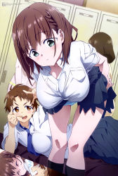 Rule 34 | &gt;:d, 4girls, :d, :o, ^ ^, absurdres, ai-chan (tawawa), anger vein, bent over, black legwear, black skirt, blue necktie, blue panties, blurry, blush, braid, breasts, brown eyes, brown hair, closed eyes, closed mouth, clothes lift, collared shirt, convenient censoring, depth of field, dutch angle, faceless, faceless female, finger frame, flying sweatdrops, french braid, frown, getsuyoubi no tawawa, green eyes, hanging breasts, highres, indoors, large breasts, legs together, lifting own clothes, locker, locker room, looking at another, looking back, looking down, lowleg, lowleg panties, lying, mamezuka takashi, medium breasts, megami magazine, multiple girls, multiple views, naughty face, necktie, official art, on side, open mouth, panties, panty pull, pantyshot, pink panties, pleated skirt, pocket, pulling own clothes, scan, school uniform, shirt, short hair, short sleeves, skirt, skirt lift, smile, socks, surprised, sweatdrop, thigh gap, twin braids, underwear, undressing, v-shaped eyebrows, v arms, volley-bu-chan (tawawa), white shirt, yellow panties