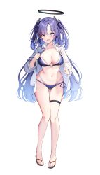Rule 34 | 1girl, absurdres, alternate costume, bikini, blue archive, blush, breasts, cleavage, collarbone, commentary, full body, gluteal fold, halo, highres, large breasts, long hair, looking at viewer, navel, open clothes, open shirt, purple bikini, purple hair, sandals, shirt, side-tie bikini bottom, simple background, smile, sob (submar1089), solo, stomach, swimsuit, thigh strap, toes, two side up, very long hair, white background, white shirt, yuuka (blue archive)