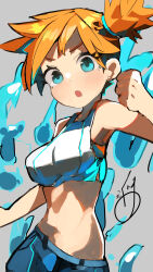 Rule 34 | 1girl, :o, asymmetrical hair, bare shoulders, blue eyes, blue shorts, breasts, clenched hand, cowboy shot, creatures (company), crop top, eyelashes, female focus, game freak, grey background, gym leader, hand up, highres, looking at viewer, medium breasts, midriff, misty (pokemon), navel, nintendo, open mouth, orange hair, pokemon, pokemon (anime), pokemon (classic anime), pokemon lgpe, pokemon rgby, ponytail, shirt, short hair, shorts, side ponytail, signature, simple background, solo, water