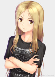 Rule 34 | 1girl, black metal, black shirt, blonde hair, crossed arms, dated, dissection (band), heavy metal, looking at viewer, miyai sen, shirt, solo, upper body, white background, yellow eyes