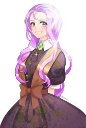 Rule 34 | 1girl, arms behind back, artist name, black dress, bow, brown bow, brown eyes, dress, gem, glint, lisa (princess maker), long hair, looking at viewer, paki hanbiruu, princess maker (series), princess maker 3, purple hair, short sleeves, simple background, smile, solo, white background